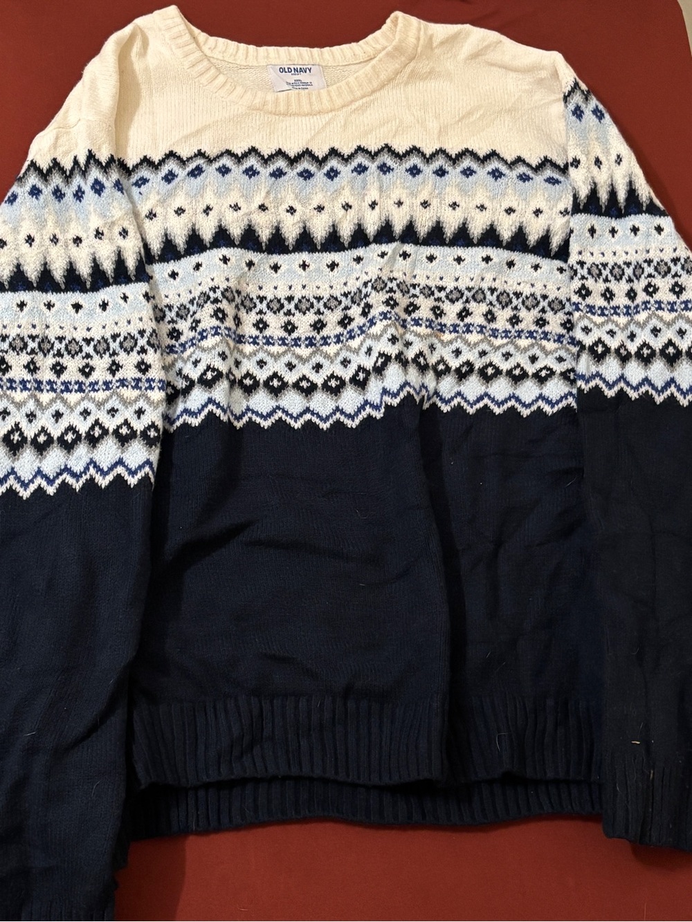 Old Navy Men’s Navy and Cream Fair Isle Crewneck Sweater